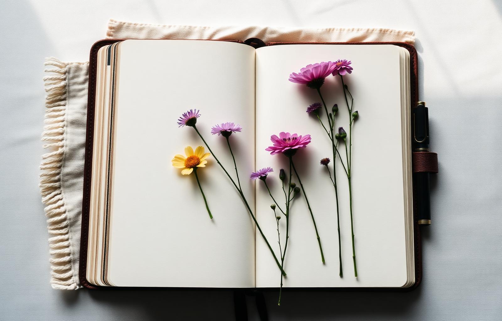 Cuaderno abierto con flores